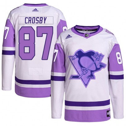 Men's Authentic Pittsburgh Penguins Sidney Crosby Adidas Hockey Fights Cancer Primegreen Jersey - White/Purple