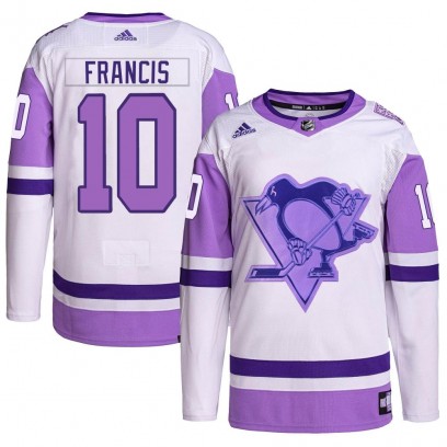 Men's Authentic Pittsburgh Penguins Ron Francis Adidas Hockey Fights Cancer Primegreen Jersey - White/Purple