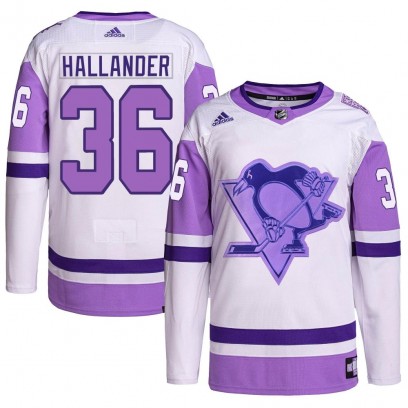 Men's Authentic Pittsburgh Penguins Filip Hallander Adidas Hockey Fights Cancer Primegreen Jersey - White/Purple