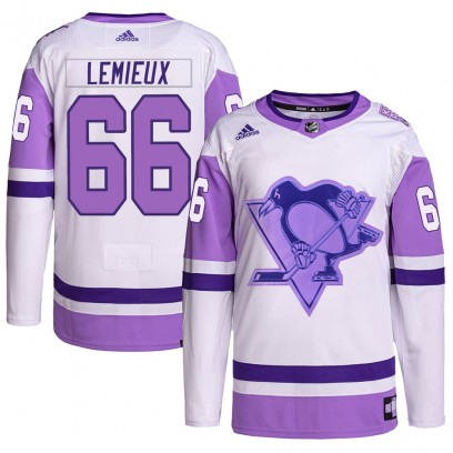 Men's Authentic Pittsburgh Penguins Mario Lemieux Adidas Hockey Fights Cancer Primegreen Jersey - White/Purple