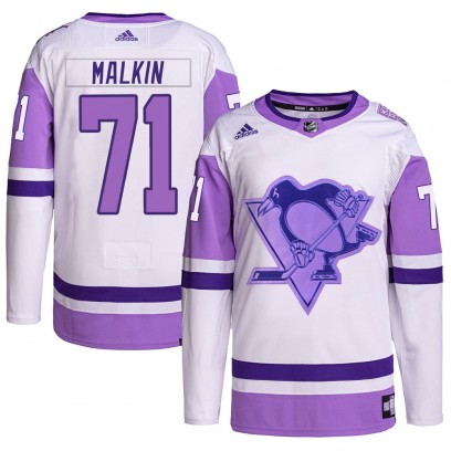 Men's Authentic Pittsburgh Penguins Evgeni Malkin Adidas Hockey Fights Cancer Primegreen Jersey - White/Purple